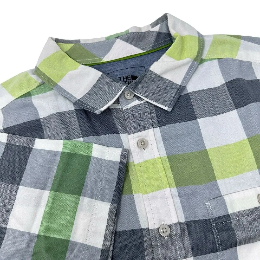 The North Face Short Sleeve Blue Lime Plaid Cotton Blend Button Up Shirt‎ Large